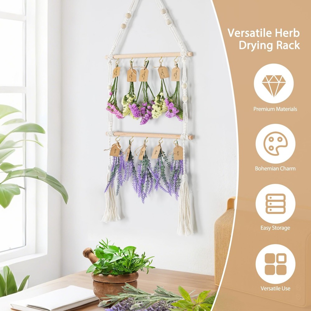 2-Tier Hanging Herb Drying Rack – Includes 30 Brown Gift Tags & 32ft Natural ...