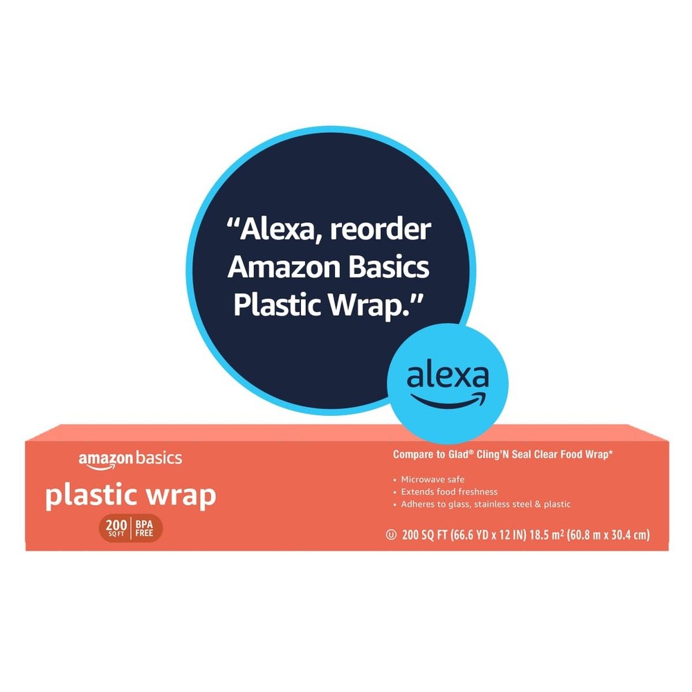 Amazon Basics Plastic Wrap, 200 Sq Ft - Food Storage, BPA-Free