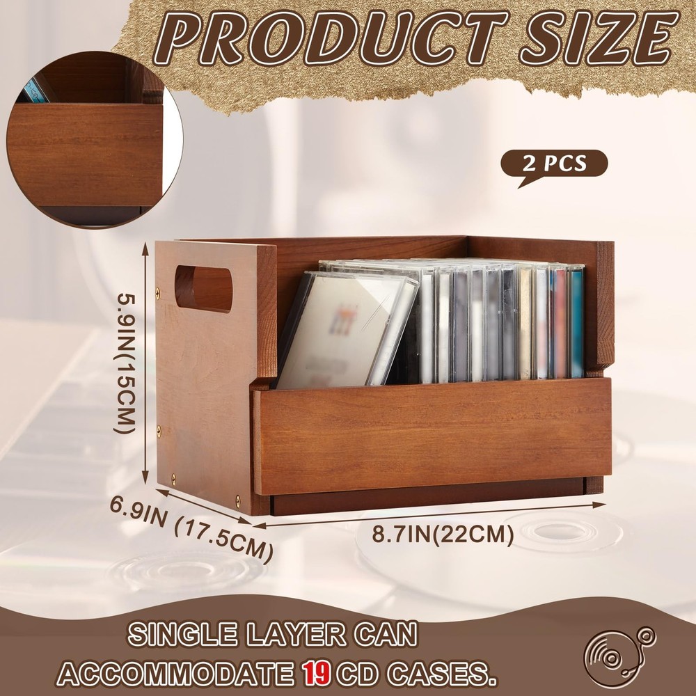 2 Pack Small Wooden CD Storage Box, Desktop CD Organizer for Small Spaces, Ho...