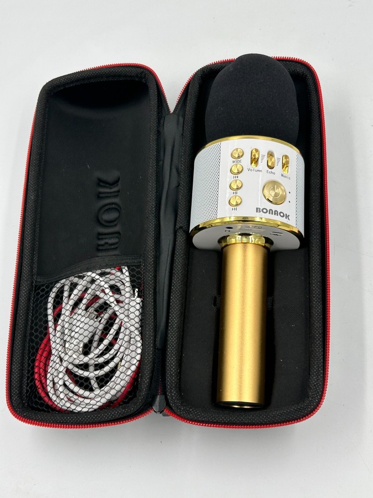 BONAOK Wireless Bluetooth Karaoke Microphone Gold in Case