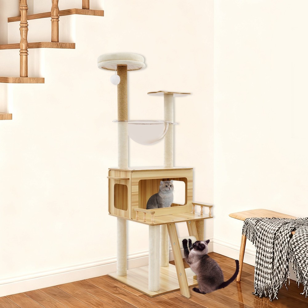 Cat Tree Cat Scratching Climbing Tower With Climbing Steps & Swing Ball 147cm