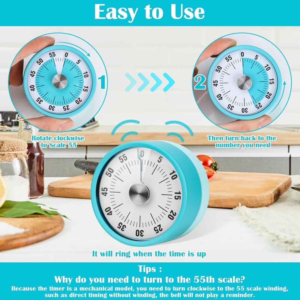 60-Minute Kitchen Timer Visual Countdown Magnetic Wind Up Loud Ring for Cooking