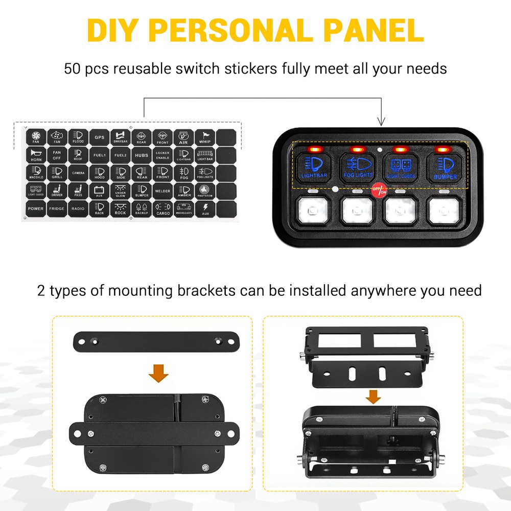 UTV 8 Gang 1200W LED Work Lights Relay Control Switch Panel Toggle Blue Backlit