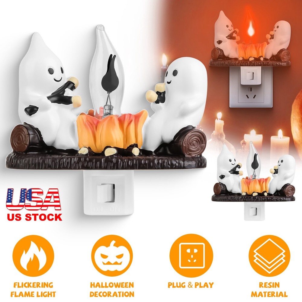 2Pcs Ghost Campfire Flickering Flame Night Light Set for Halloween Bedroom