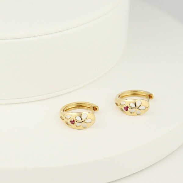 K10 Gold Hoop Earrings with Openwork Flower & Ruby (Pair)