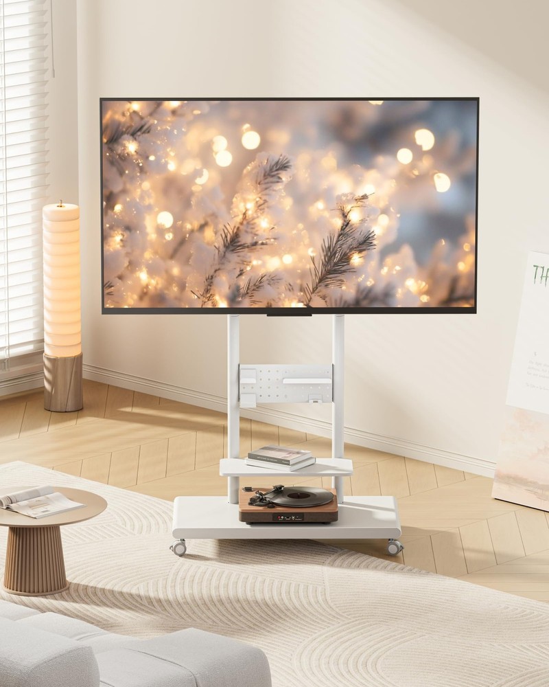 ECOTINY Rolling TV Stand with Versatile 50-90 Inch Pegboard, White