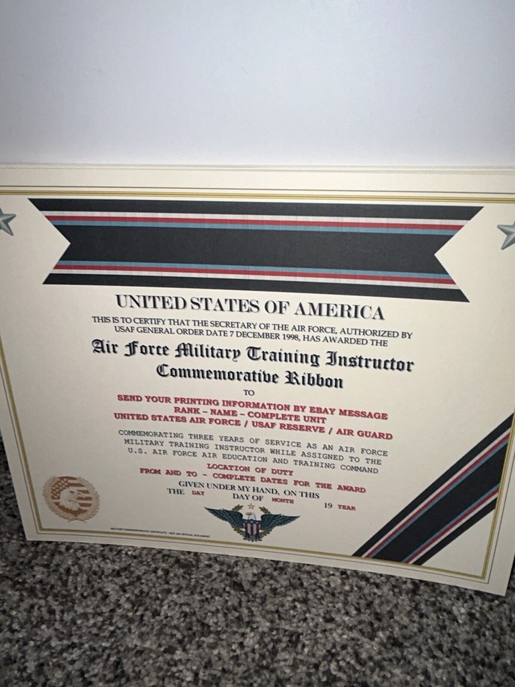 U.S. AIR FORCE TRAINING INSTRUCTOR COMMEMORATIVE CERTIFICATE ~ W/PRINTING TYPE-1