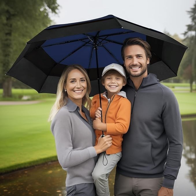 54" Windproof Folding Golf Umbrella Auto Open Close Double Canopy Blue Black