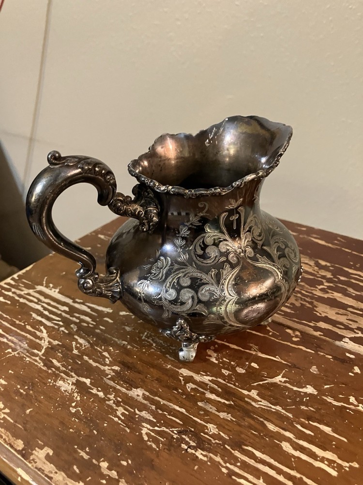 Antique Silver Meriden Ornate Etched Silverplate 4” Pitcher