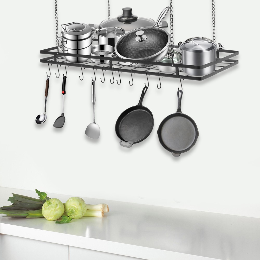 Modern Hanging Pot Holder Pan Hanger Kitchen Ceiling Rack with 12 Hooks Black