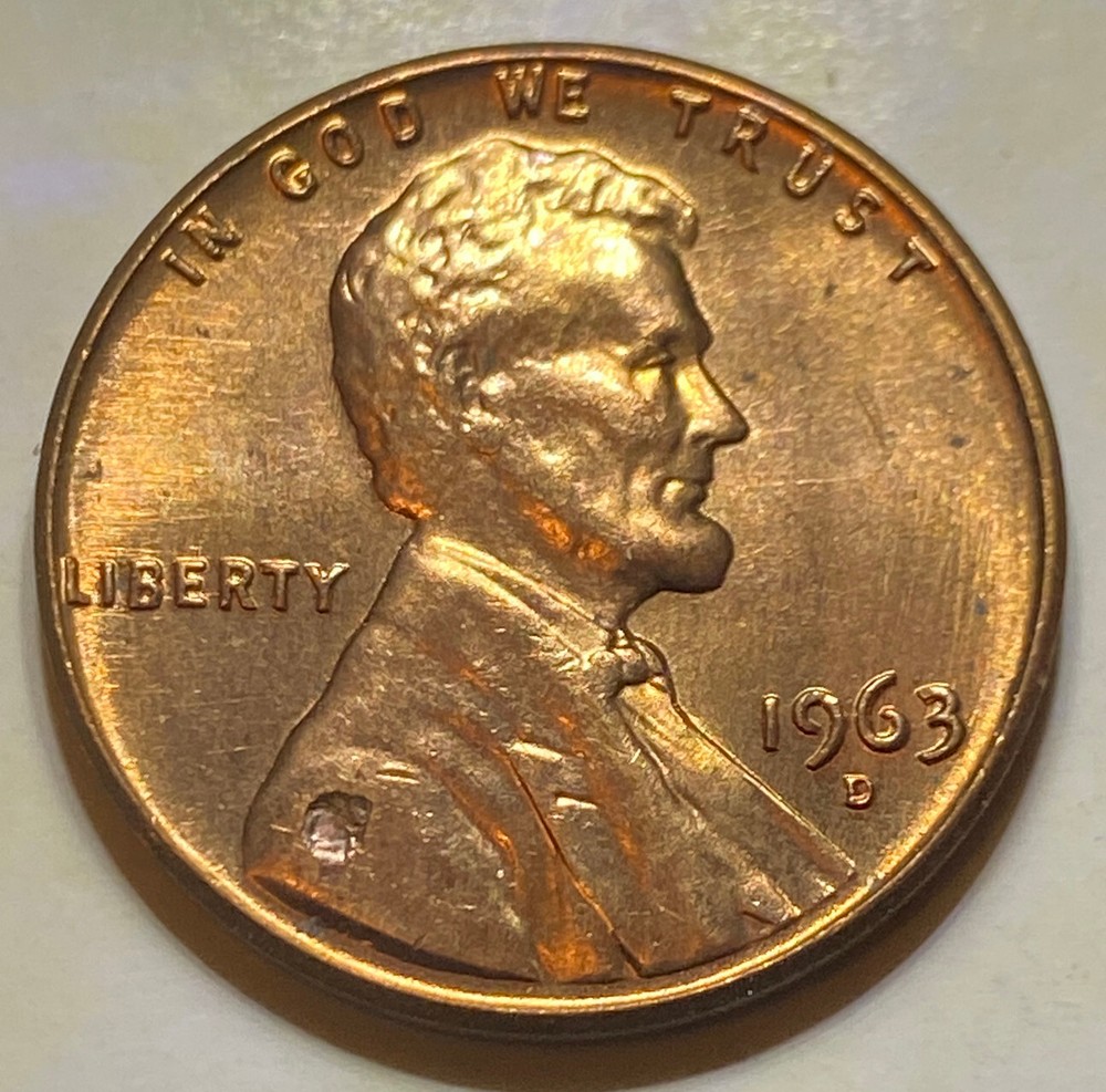1963 D Lincoln Cent- Strike Through Object On Shoulder- BU Red