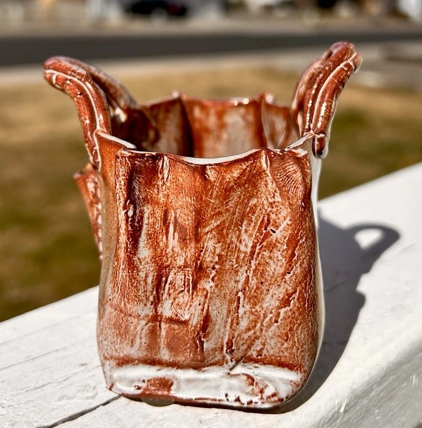 Studio Art Pottery Planter Handbag Purse Brown Small Signed