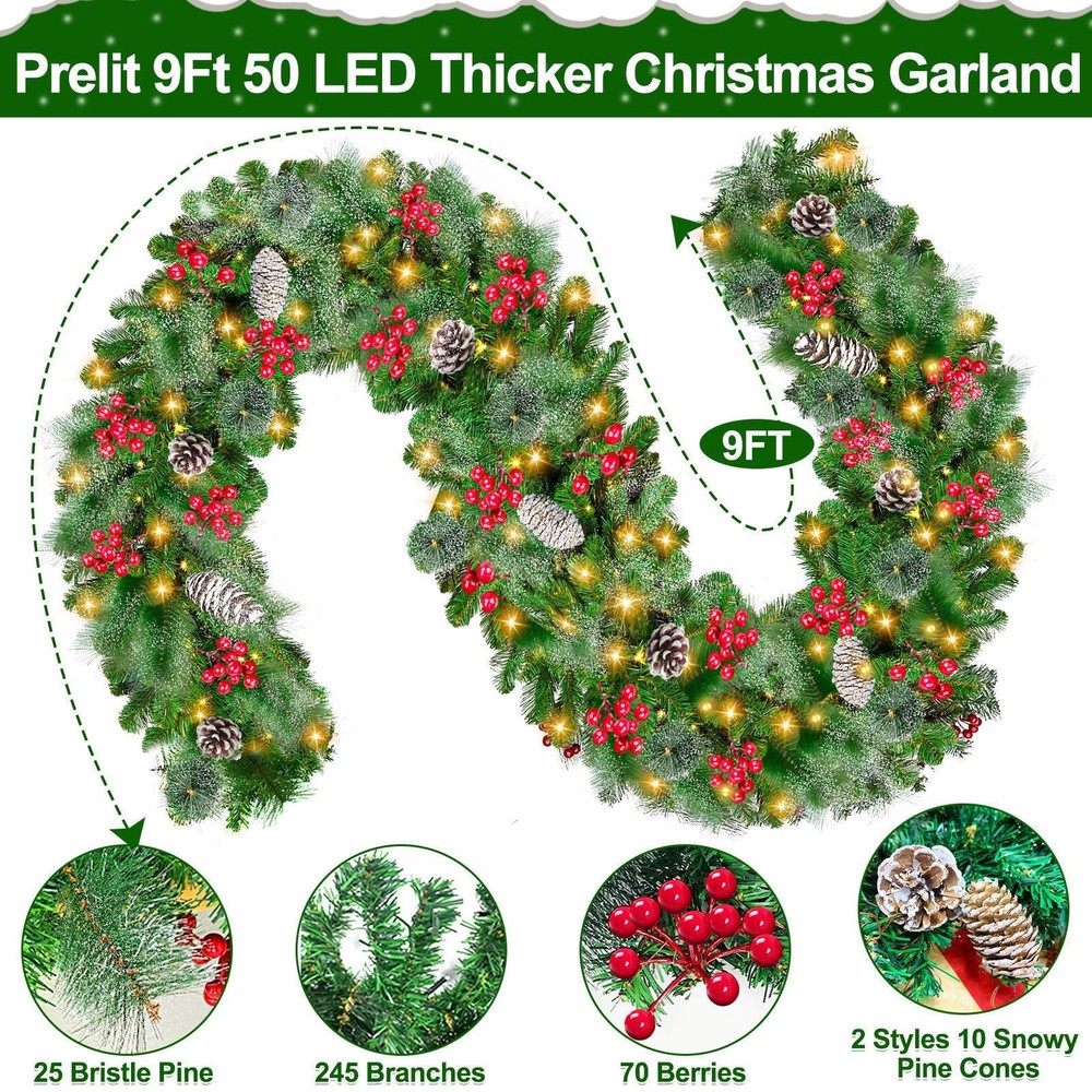 Timer & 8 Modes 9 Ft Prelit Christmas 9FT, 9ft-spruce-warm White Lights