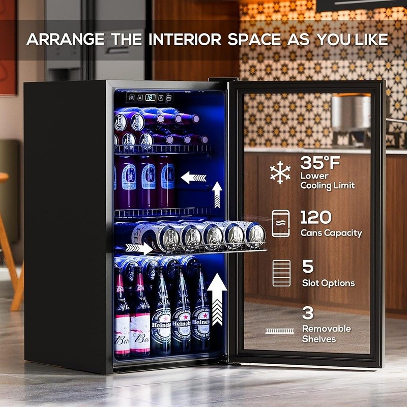 Beverage Refrigerator Quiet Cooling Adjustable Shelves LED Temperature Control