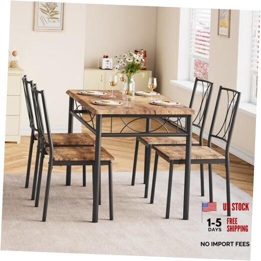 5-Piece Wood Dining Table Set for 4, Rectangular Table and 4 Chairs Brown