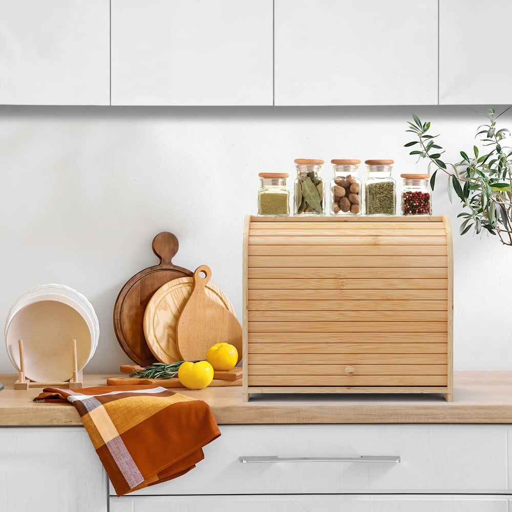 Bamboo Bread Box for Kitchen Countertop, Roll-top Breadbox Breads Storage Box...