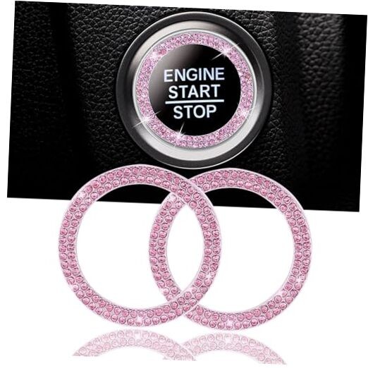 2 Pack Car Engine Start Stop Decoration Ring Pink, Crystal Decorative Ring