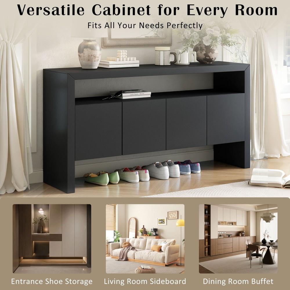 60" Modern Minimalist Solid Wood Veneer Sideboard (4 Doors+Open Shelf, Natural
