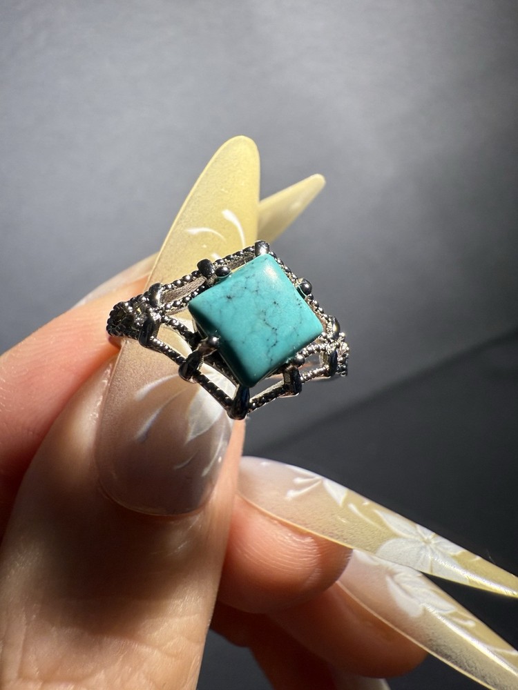 Natural Hubei Turquoise Square Ring / Silver- plated/adjustable