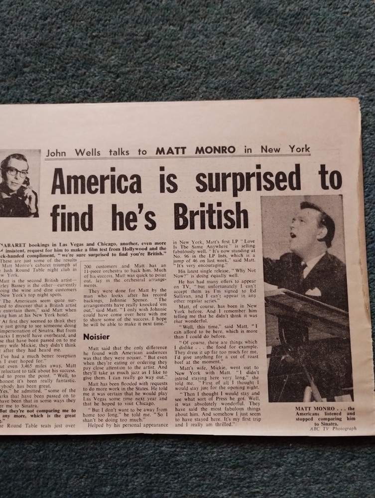 Di37 Ephemera 1962 Pop Article Matt Monro Fd12