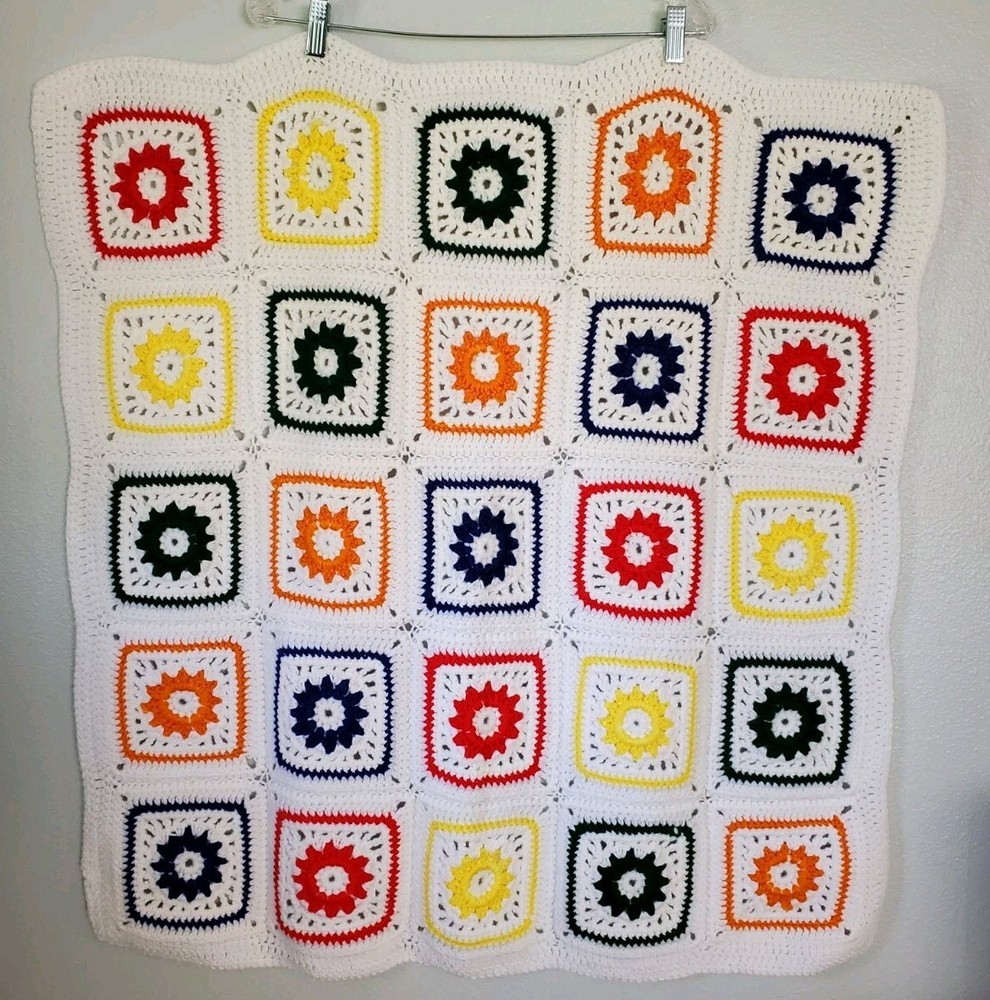 Small Handmade Crochet Blanket Multicolor Squares