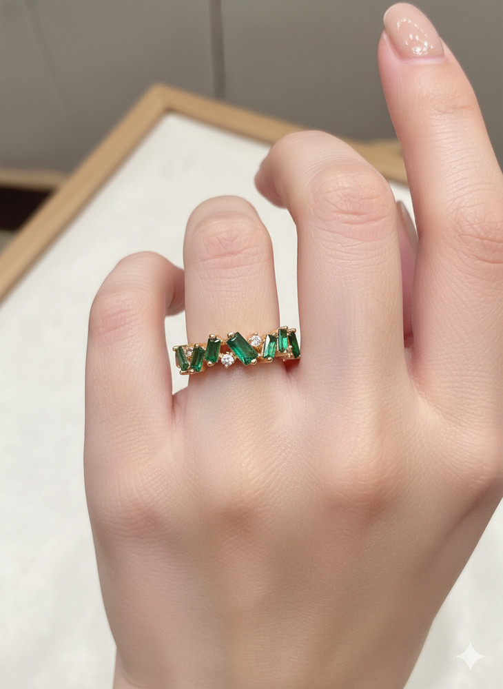 Emerald Green Baguette Ring Gold Zircon Statement Band Adjustable Stacking Ring