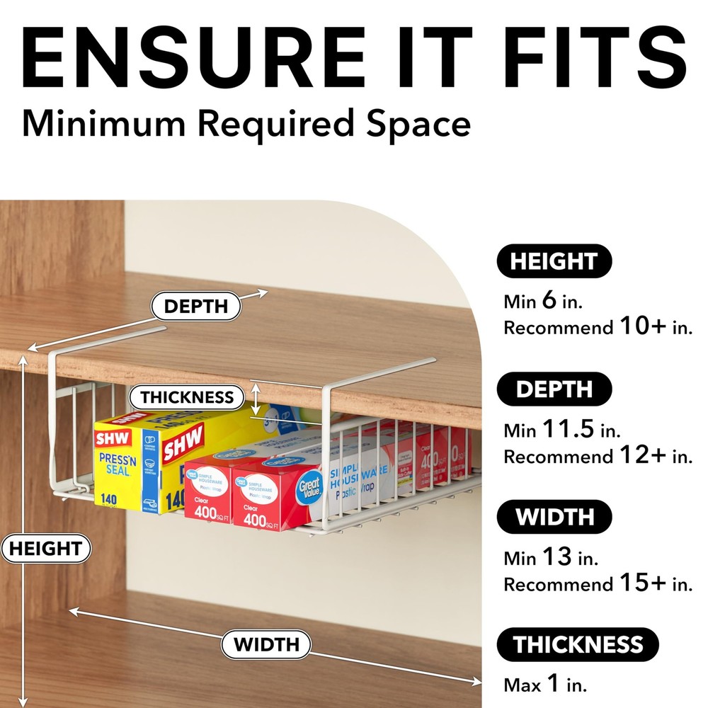 Under Shelf Basket, White – 2-Pack Space-Saving Storage Organizer for Kitchen...