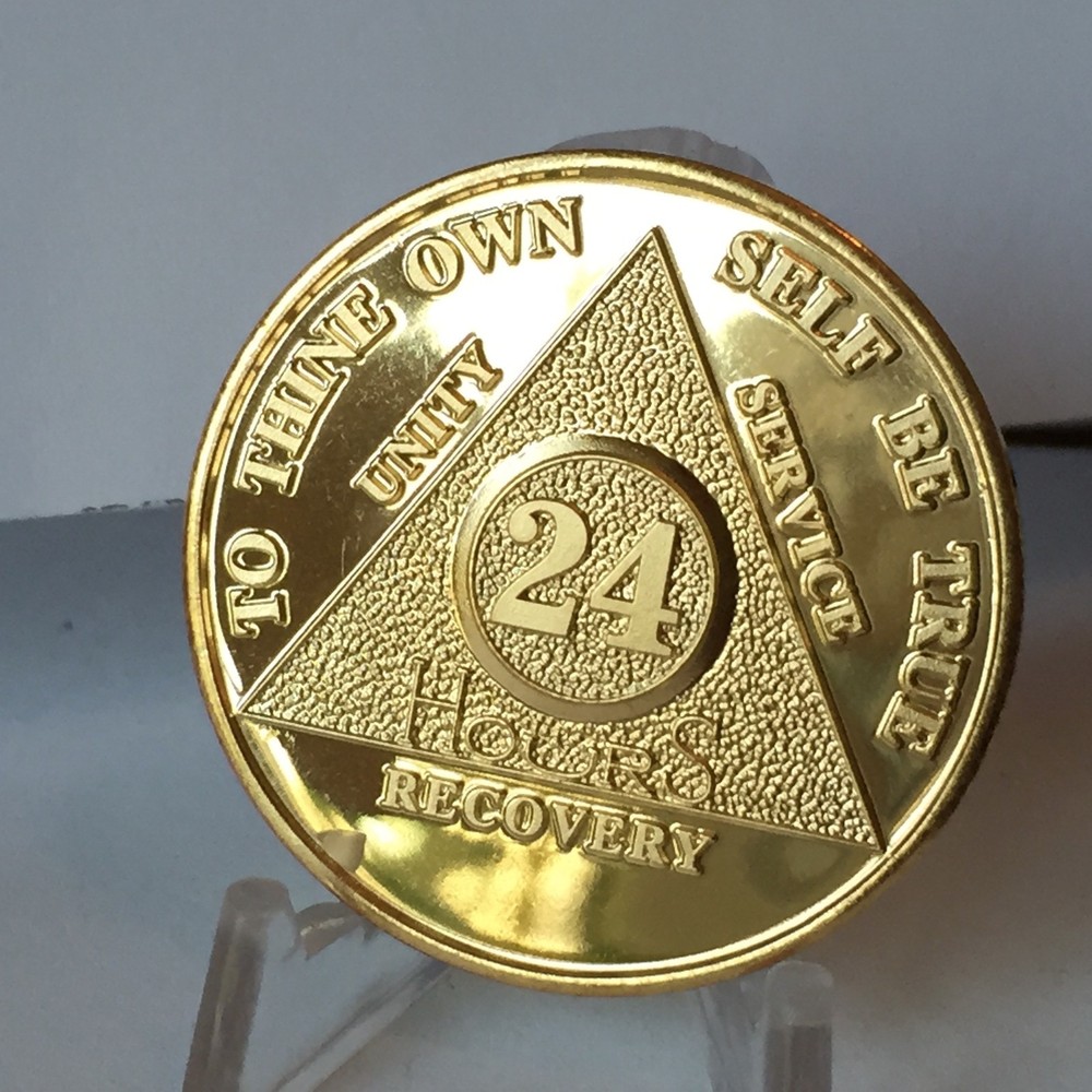 24 Hours AA Medallion 24k Gold Plated Alcoholics Anonymous Sobriety Chip