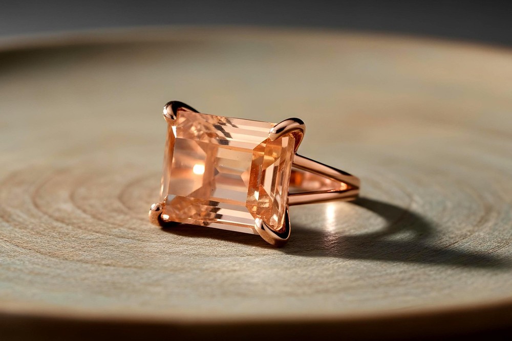 Morganite Ring Anemone 18k Peach Gold Emerald Cut Rectangular Stone