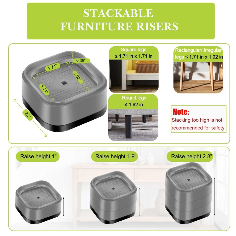 6-Pack 1" Furniture Risers Adjustable Stackable Bed Raisers Blocks Square