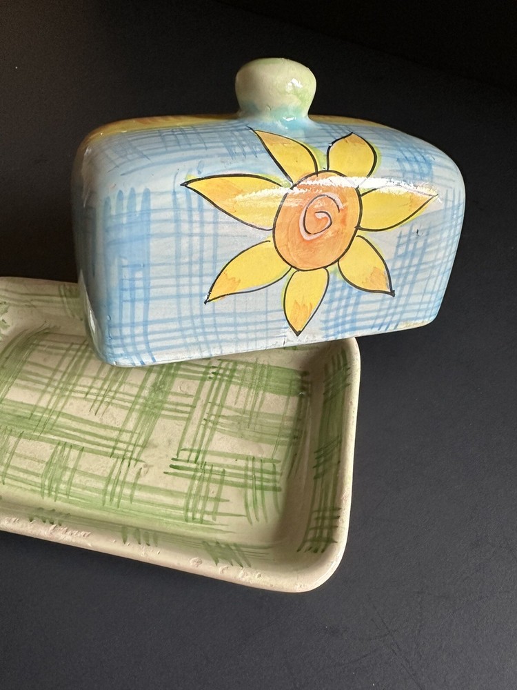 Hand Painted Pottery Covered Butter Dish Multicolor Flower Ceramic Spring Decor
