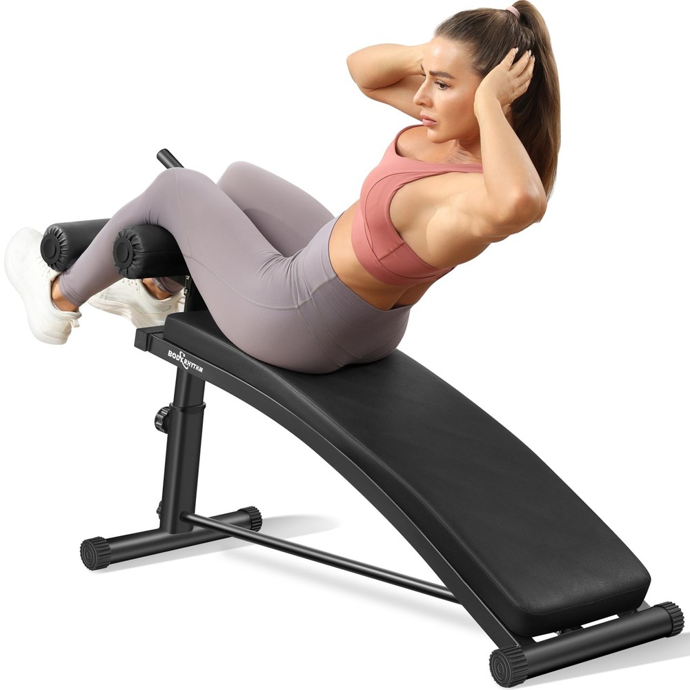 Sit Up Bench with 4 Adjustable Heights and Reverse Crunch Handle, Curved Ab Work