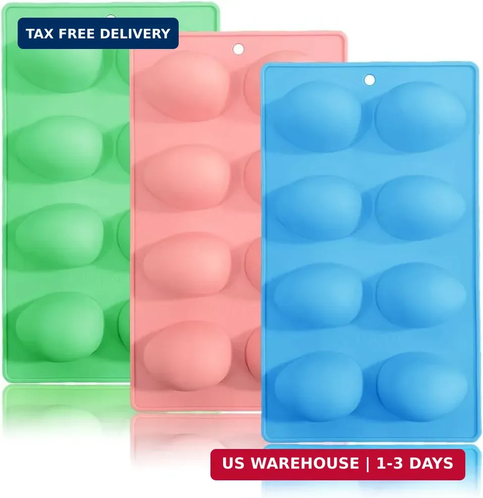 3 Pack 3D Easter Egg Silicone Molds, 8 Cavity Egg Shape Non-stick Baking Mold...