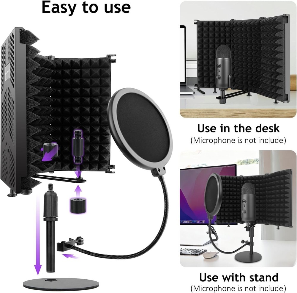 Microphone Isolation Shield with Pop Filter and Mic Stand, Sound Proof Mic Isola