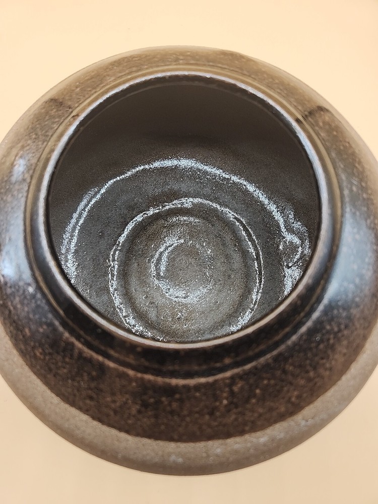 Hand Thrown Pottery Signed Brown Glaze Round Heavy