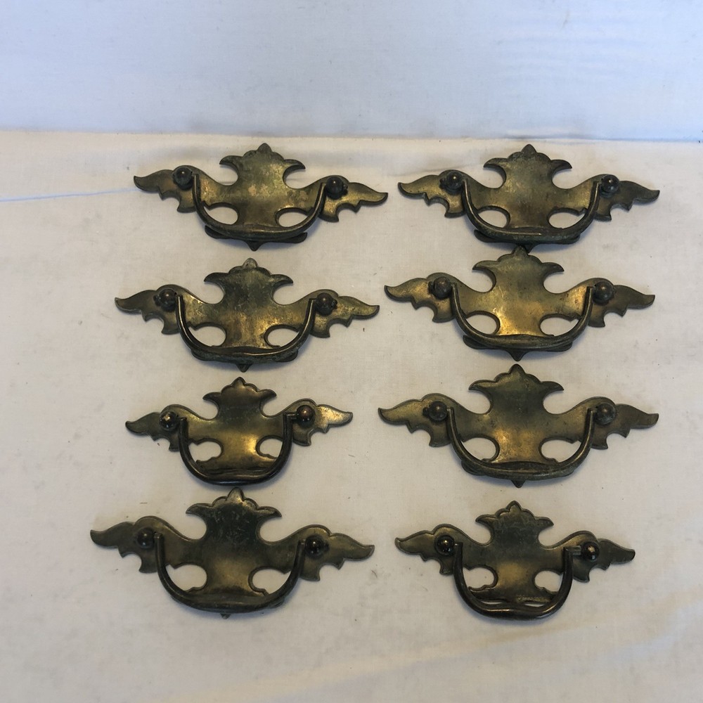 8 Vtg Chippendale Batwing Drawer Pulls Brass 3" Centers A6246DC