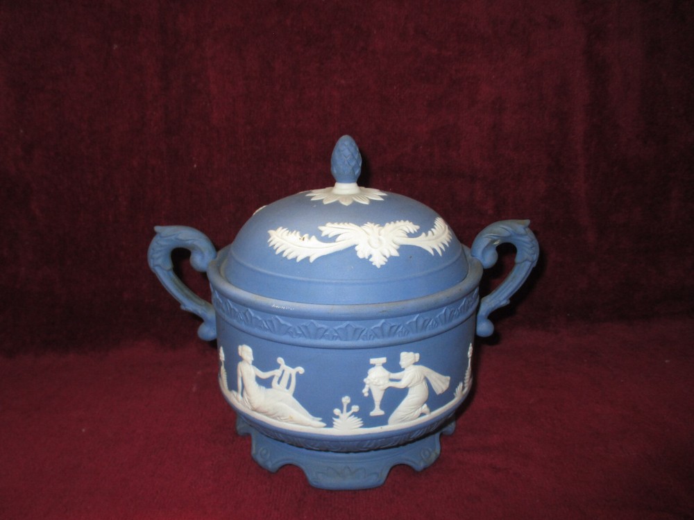 Antique Jasper Ware Neo Classical Figures Blue & White Cracker Jar with Handles