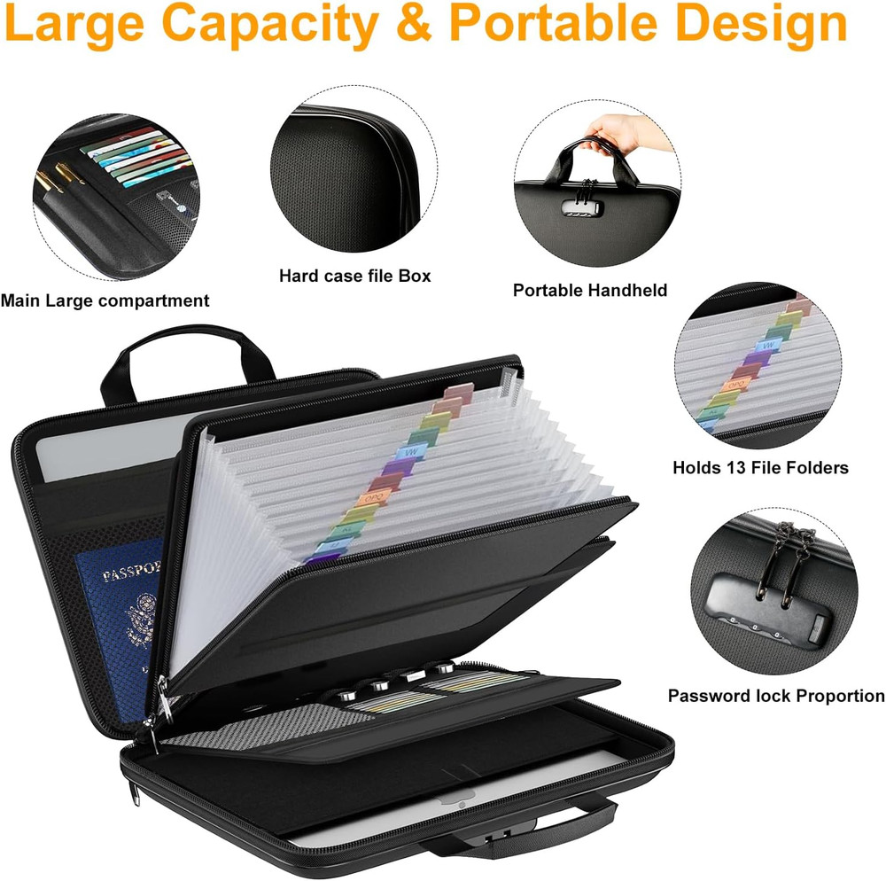 Fireproof Document Box with Lock, Portable Hard-Shell Case Fireproof File Box F