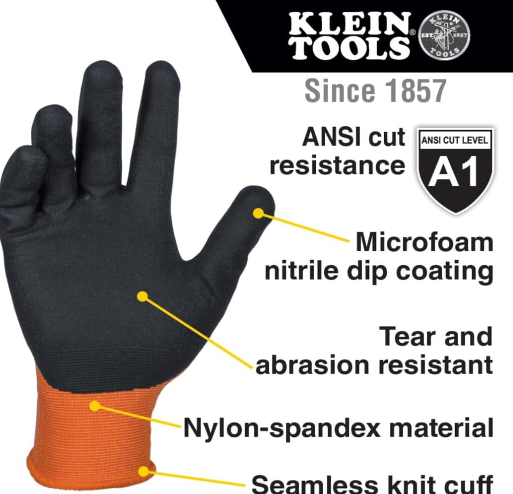 Klein Tools 60581 Work Gloves Large 2-Pair Cut Resistant ANSI A1 Nitrile Touchsc
