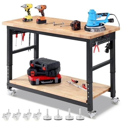 Work Bench for Garage Adjustable Workbenches with 60 INCH Double Layer&Wheels