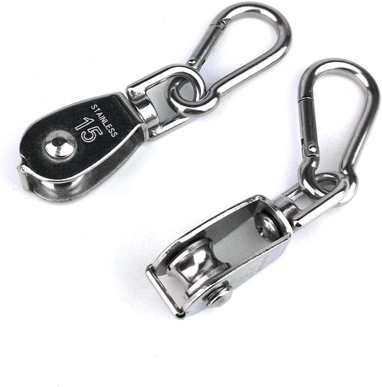 Compact 2PCS 304 Stainless Steel Pulley Blocks with Snap Hooks - Versatile Usage