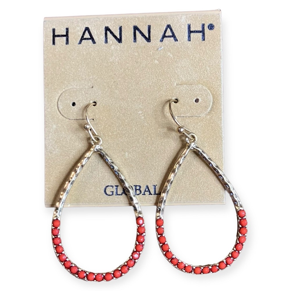Hannah Red Accent Pierced Open Teardrop Dangle Hoops Hook Earrings 2" NWT