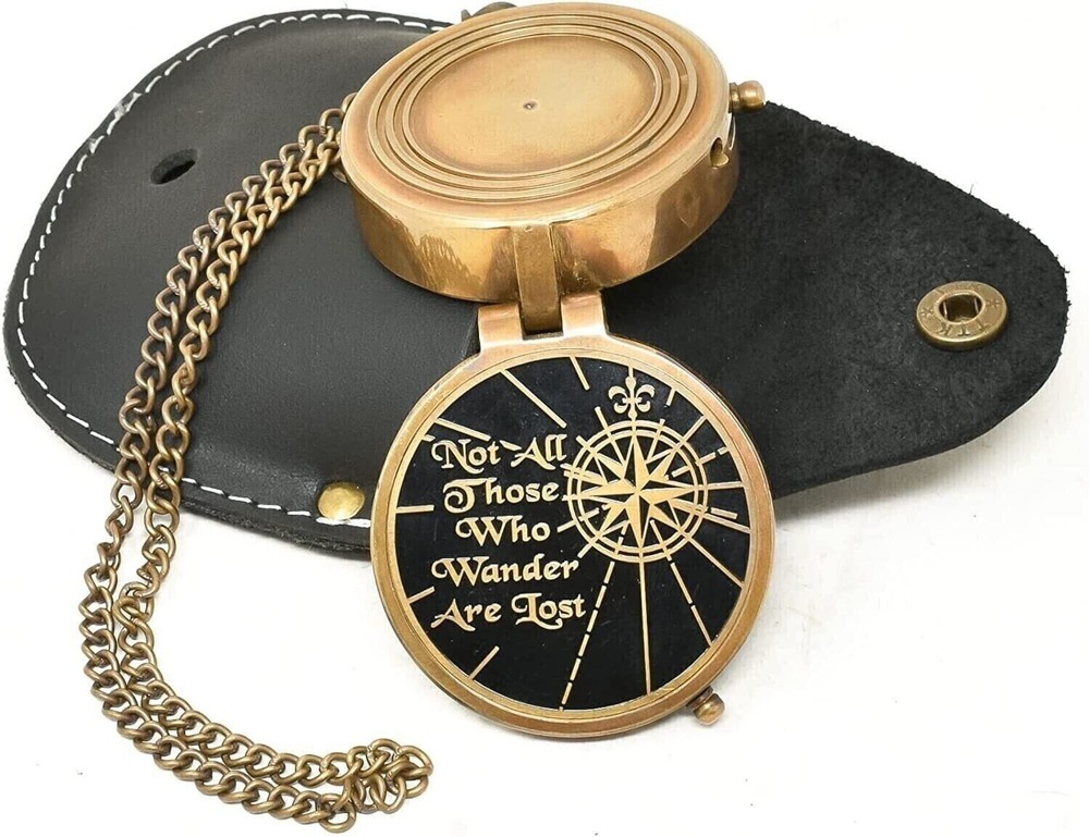Engraved Personalized Inscription Antique Brass Compass with Leather Case