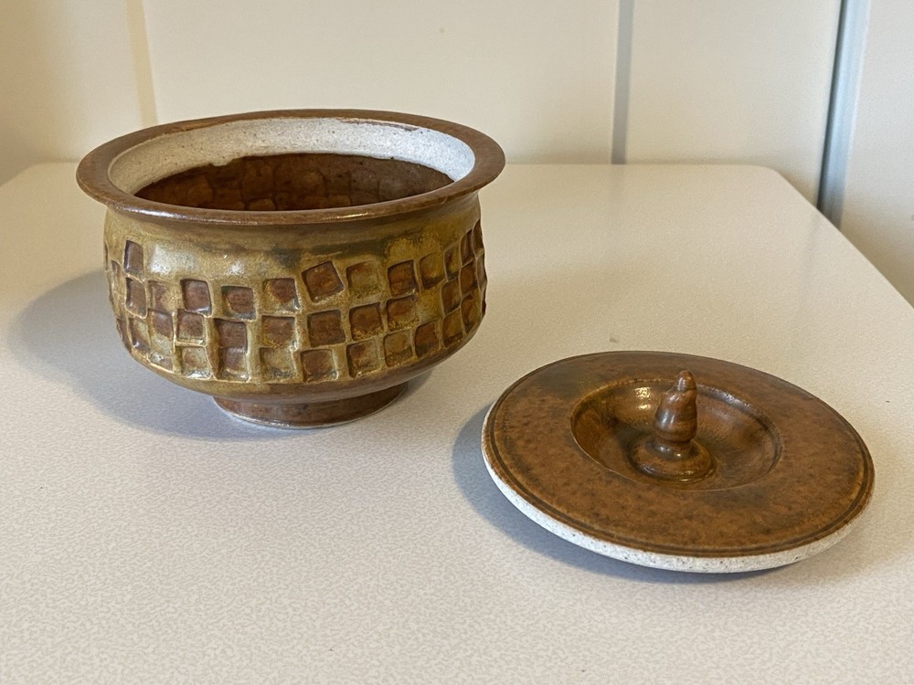 Unique Art Pottery Stoneware Lidded Jar Brown Beige Neutral Rust Square Pattern