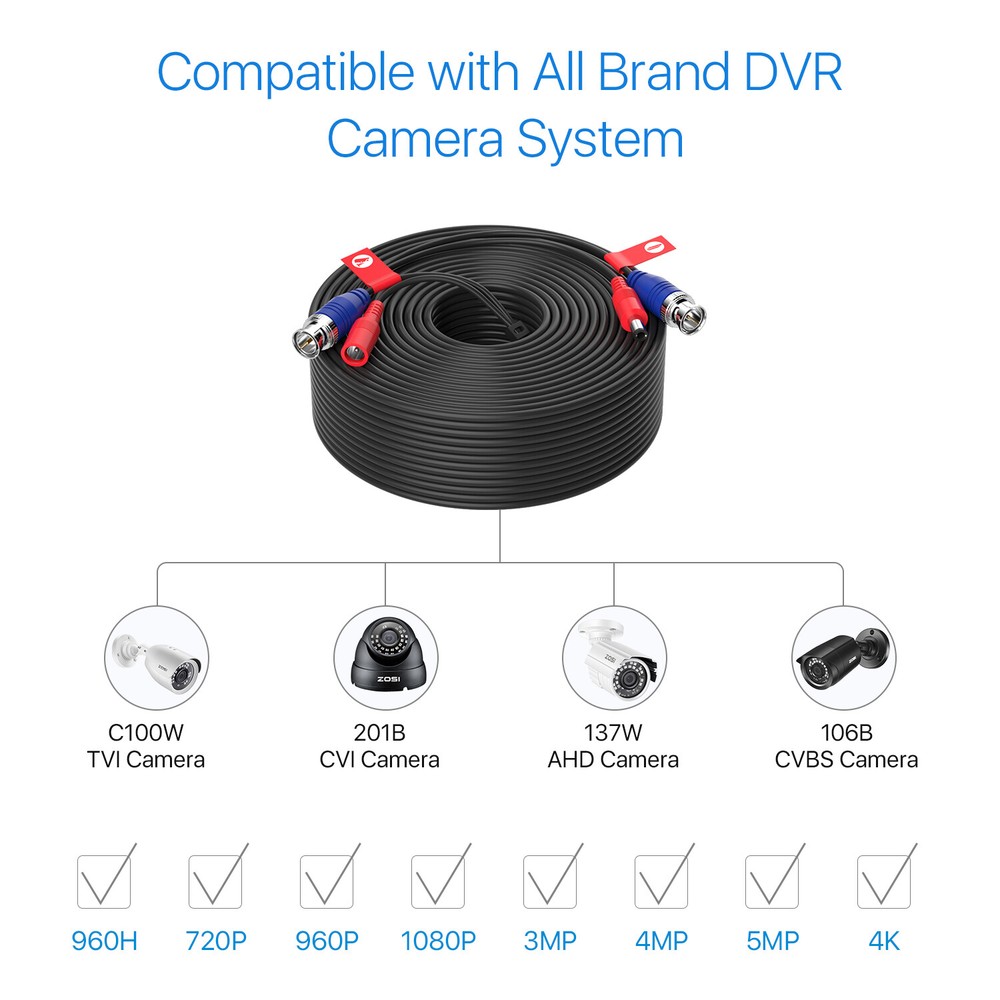 ZOSI 2x60FT BNC Cable RCA Extension Cord for DVR Security Camera System