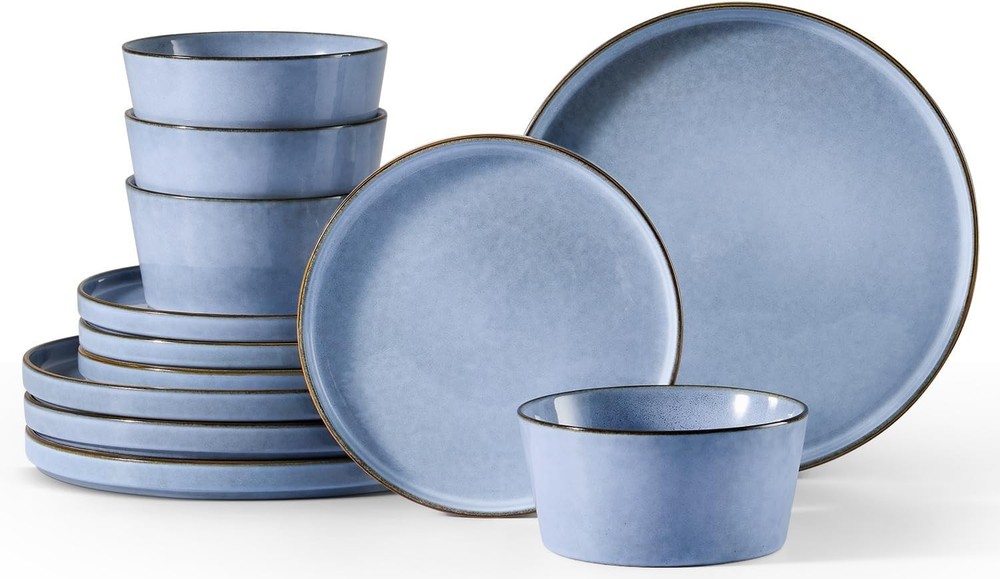 12-Piece Stoneware Dinnerware Set 4 Dinner Plates & Bowls Sets Double Reactive