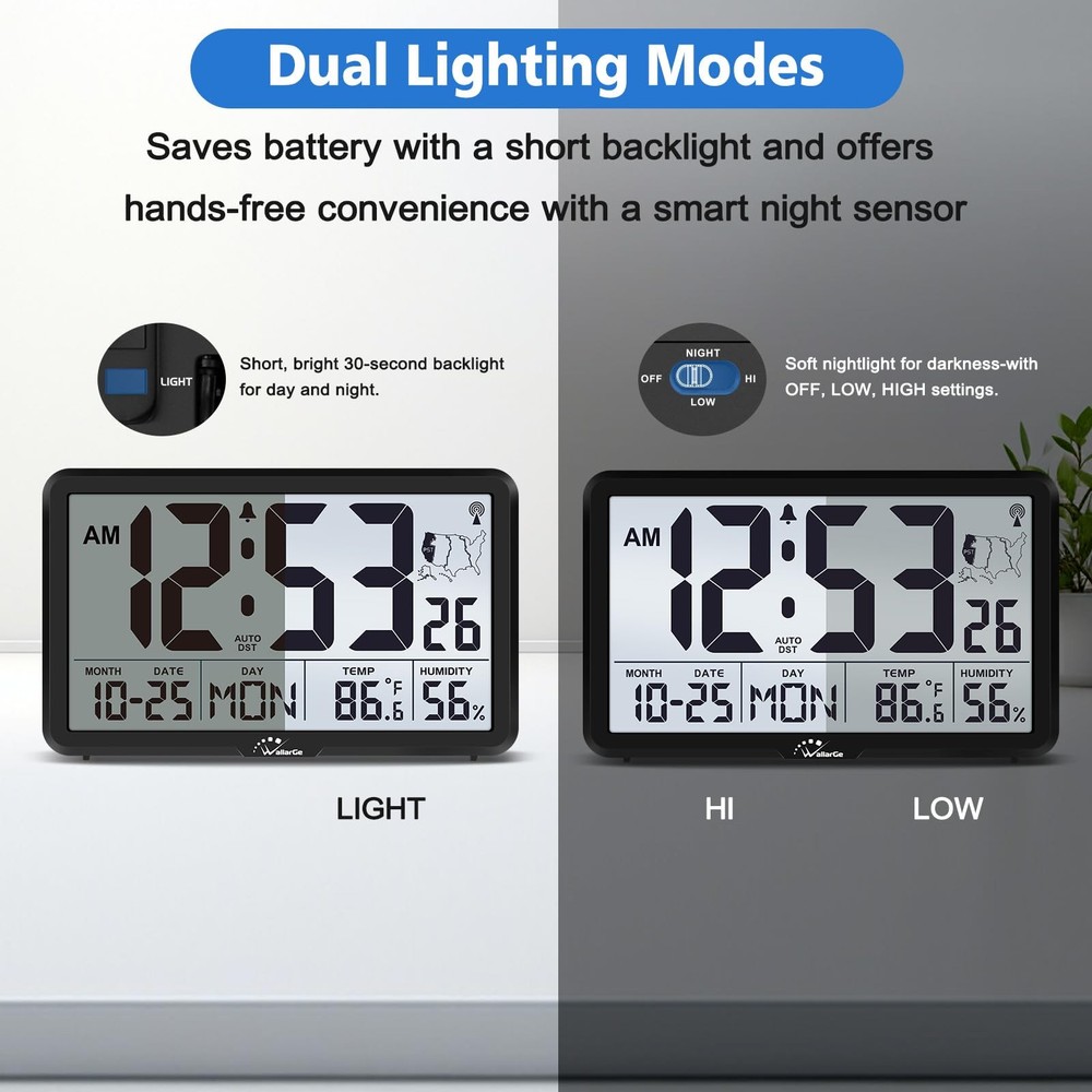 WallarGe Atomic Wall Clock with Backlight, Digital Large, Black