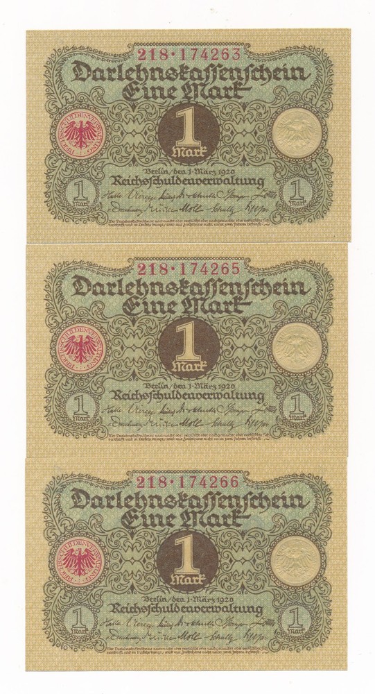 Germany 1 Mark 1920  P. 58 - 3 Unc German Notes -