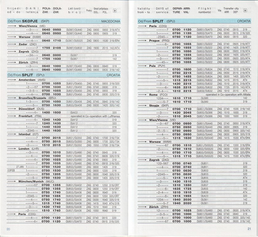Croatia Airlines timetable 2002/10/27