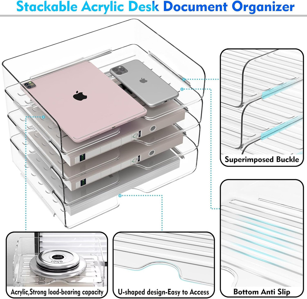 Paper Organizer Letter Tray, 4 Pack Acrylic Stackable Desk File Organizer,Clear